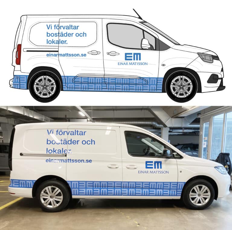 Ritning och foto av transportbil med dekor.