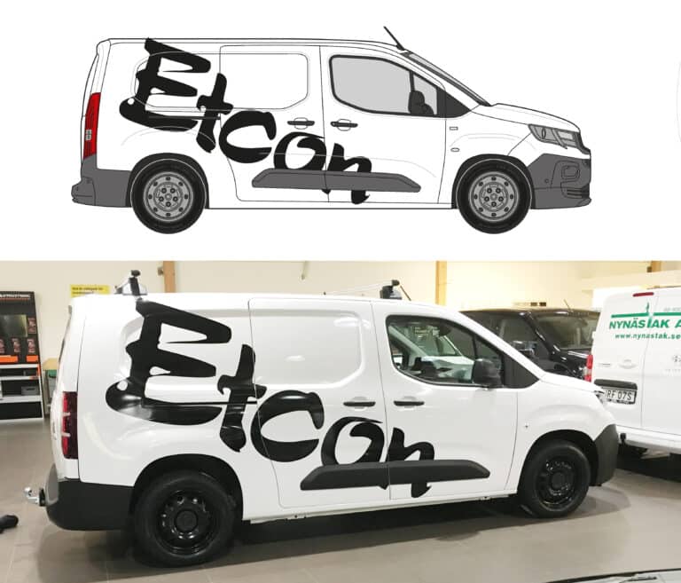 Ritning och foto av transportbil med dekor.