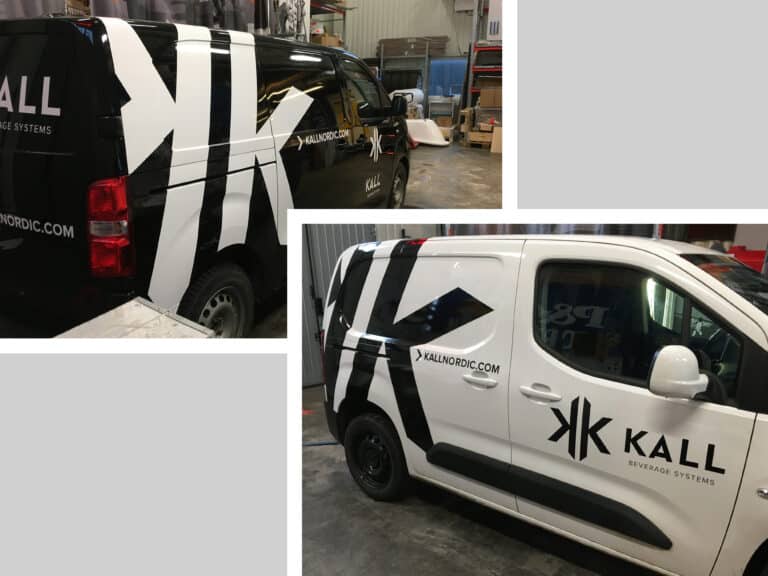 Bildcollage av en svart och en vit transportbil med dekor.