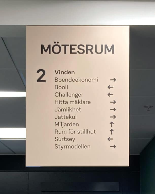 Skylt med ljusrosa bakgrund och svart text som visar var olika mötesrum ligger med hjälp av pilar.